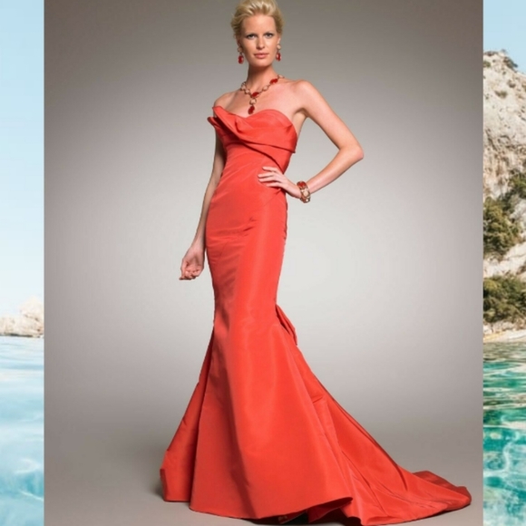 °$8,000 OSCAR DE LA RENTA PICASSO CORAL SILK BOW TRAIN RUNWAY GOWN XL 14 - Picture 1 of 11